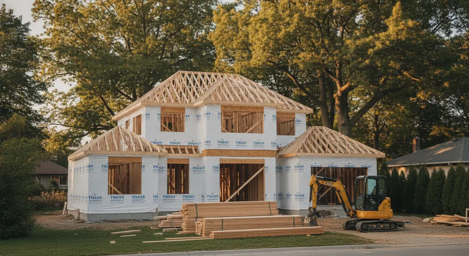 New custom home under construction on a Kitchener lot with wall framing and roof trusses in place